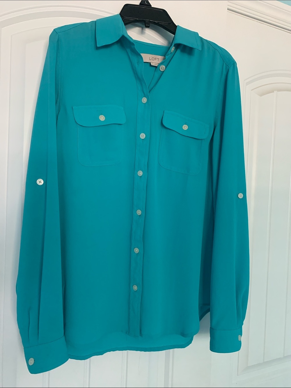 Ann Taylor Loft Utility Shirt XS extra small long sleeve aqua button down pocket